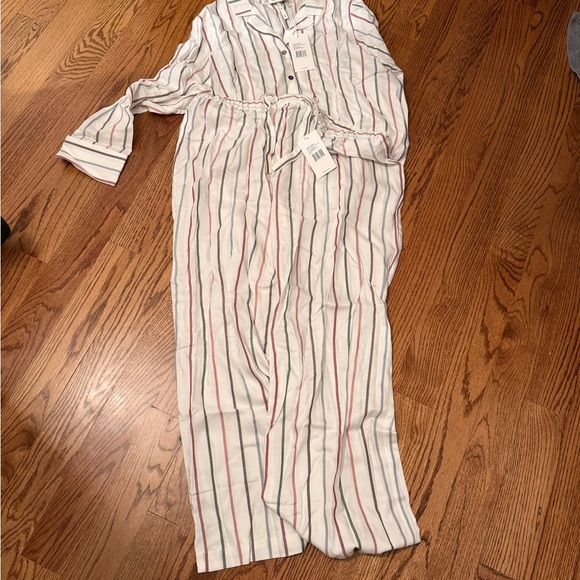 Women’s Striped Long-Sleeve Cotton Pajama Set - White with Red & Navy Stripes